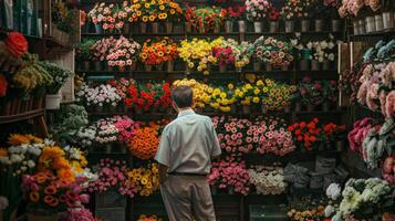 un fotografía de un hombre en pie en frente de un pared lleno con diferente tipos de flores seleccionando cuales unos a utilizar para su siguiente arreglo foto