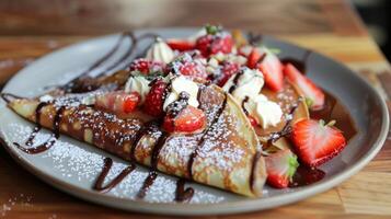 un lleno de frutas crepe relleno con Fresco fresas y asfixiado en un generoso llovizna de Nutella foto