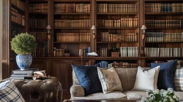 A collection of rare first editions showcased on a custombuilt bookcase adding a sophisticated element to the refined home library photo