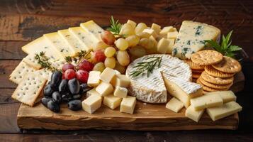 An assortment of artisanal cheeses crackers and gs arranged on a wooden ting board for a gourmet cheese platter photo