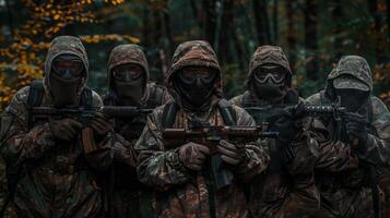 un grupo de hombres vestido en camuflaje y participación paintball pistolas para un militar simulación temática noche completar con táctico retos y equipo edificio ejercicios foto