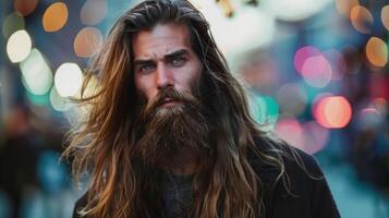 un hombre con largo fluido pelo y un lleno barba soportes con confianza desafiando societal Expectativas de un limpiar apariencia foto