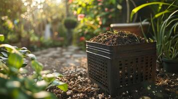 A compost bin in the backyard where food ss are turned into nutrientrich soil photo