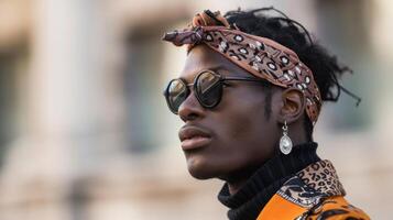 un hombre vistiendo un tradicionalmente femenino accesorio tal como un venda o colgado pendientes con un más masculino atuendo demostración ese Moda es acerca de autoexpresión y no género etiquetas foto