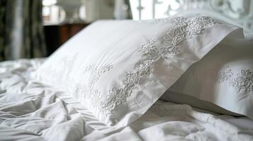 A shot of a detailed embroidery design on a set of crisp white pillowcases showcasing the intricate craftsmanship of the bedding photo