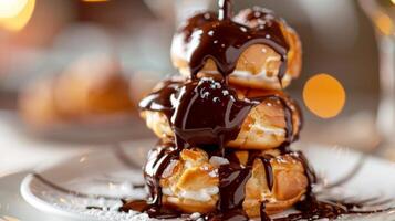 un mullido torre de Profiteroles lleno con cremoso vainilla Pastelería crema y rociado con calentar chocolate salsa foto