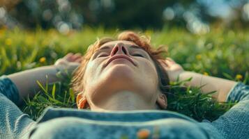 A person lying on their back on a grassy field eyes closed and focused on their breath as they recharge and find balance photo