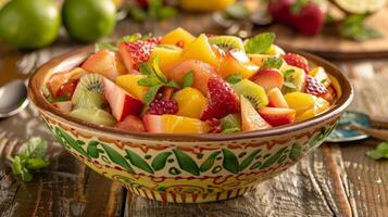 un refrescante Fruta ensalada con vibrante colores y un mezcla de texturas servido en un decorativo cuenco foto