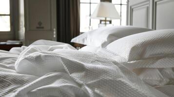 A panoramic view of the entire bed from the perfectly smooth fitted sheet to the delicately folded coverlet p at the foot of the bed photo