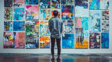 A man standing in front of a wall covered in his artwork each piece representing a different stage of his personal growth and evolution as an artist photo