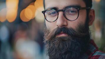 A guy sporting a carefully groomed beard and a unique pair of glasses expressing his individuality and attention to detail photo