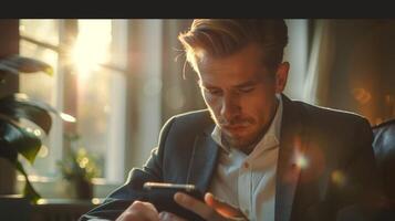 A man in a suit takes a few minutes out of his busy workday to sit in his office and engage with a mindfulness app to destress and refocus photo