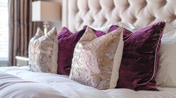 A bedroom setting with a plush headboard adorned with a row of decorative velvet throw pillows adding a touch of opulence and glamour to the space photo