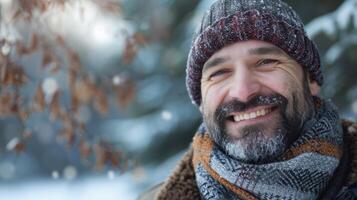 un hombre vistiendo un grande tejer gorro y un bufanda en el invierno con un contenido sonrisa en su cara como él valientes el frío foto