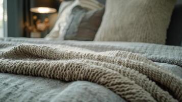 A glimpse of a textured throw artfully folded at the foot of the bed adding warmth and depth to the overall aesthetic photo