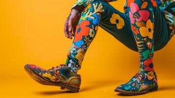 A man with a prosthetic limb adorned with bright whimsical body art symbolizing the campaigns message of inclusivity and breaking beauty stereotypes photo