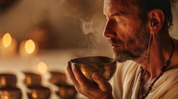 A man holding a Tibetan singing bowl to his ear listening intently to the resonating sound waves it produces during a sound healing session photo