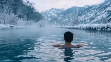 A man taking a dip in a hot spring surrounded by snowcovered mountains and the serene beauty of the winter landscape photo