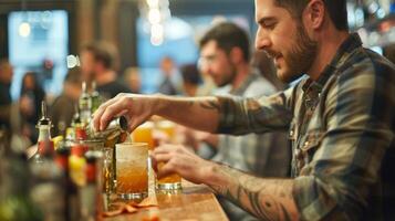 A mixologist carefully concocts a unique cocktail using homemade ingredients as guests eagerly wait to sample during a lively craft cocktail hour photo