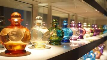 un colección de diseñador perfumes desde alrededor el mundo exhibiendo el global apelación y diversidad de aromas en el colección foto