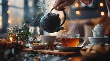 un persona torrencial hirviendo agua dentro un taza Listo a escarpado su elegido té foto