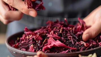 A person sniffing a dried hibiscus flower to determine its freshness for brewing photo