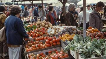 A bustling crowd perusing tables of locally grown produce photo