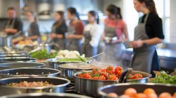 A cooking class setting with students attentively watching their instructor demonstrate the art of making a rich and flavorful stock photo