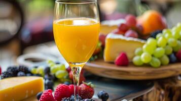 un vaso de recién exprimido naranja jugo acompañado por un cuenco de vibrante mezclado bayas y un selección de artesanal quesos foto