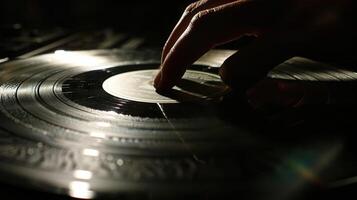 A hand holds a vinyl record up to the light admiring the intricate grooves etched into its surface photo