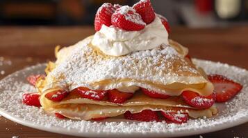 un apilar de hecho en casa crepes lleno con Fresco fresas y azotado crema coronado con un limpiar el polvo de en polvo azúcar foto