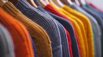 A luxurious cashmere sweater still bearing its original price tag hangs ast the rack of secondhand clothing its softness and quality standing out photo