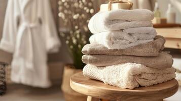 A stack of fluffy towels and a soft white bathrobe p on a wooden stool inviting guests to pamper themselves during a home spa day photo