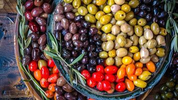The diverse colors and sizes of European Mediterranean and South American olives laid out on an olivethemed serving platter photo