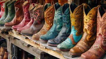 An array of fashionable boots each one more beautiful than the last are displayed in a row photo