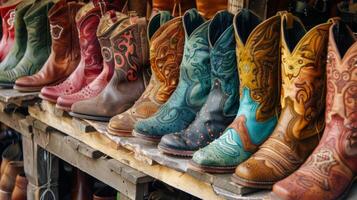 An array of fashionable boots each one more beautiful than the last are displayed in a row photo