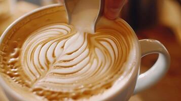 un persona suavemente emocionante un cremoso latté creando un hermosa arremolinado diseño en el espuma foto