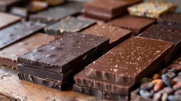 A display of singleorigin chocolate bars each one representing a different region of the world and its distinct cocoa bean flavors photo