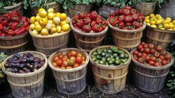 Baskets overflowing with vibrant ripe fruits and vegetables photo