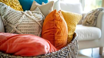 A basket filled with colorful throw pillows adding a pop of color to the cozy space photo