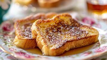 A plate of warm French toast sprinkled with cinnamon sugar and served with a generous helping of maple syrup arranged on a dainty floral plate photo
