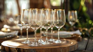 A set of wine glasses with gold rims sitting atop a polished rustic wooden tray ideal for entertaining guests photo