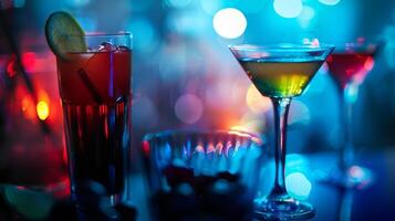 The subtle glow of the dimmed lights highlighting the sparkling glasses and vibrant colors of the handcrafted cocktails photo