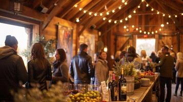 invitados mezclándose y bebiendo vino mientras complacer en un variedad de marinado aceitunas en un acogedor rústico saboreo habitación foto