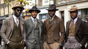 un grupo de hombres vestido en a la medida tweed trajes deportivo estampado bolsillo cuadrícula y tradicional sombreros de fieltro encarnando el regreso de clásico ropa de caballero visto en reciente Moda tendencias foto