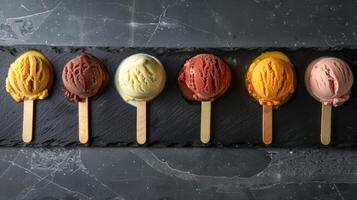 A blackboard displaying the days special ice cream flight featuring small servings of seasonal flavors like pumpkin e and maple bacon photo