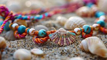 A bohemianinspired handcrafted anklet with a mix of shells beads and colorful strings adding a pop of personality to a summer outfit photo