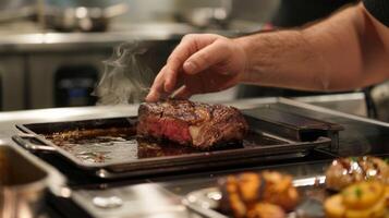 A student learning how to create a perfectly cooked mediumrare steak by using the touch od photo