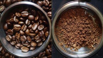 el contraste de todo café frijoles y finamente suelo café en lado a lado compartimentos de un amoladora ilustrando el transformación proceso foto