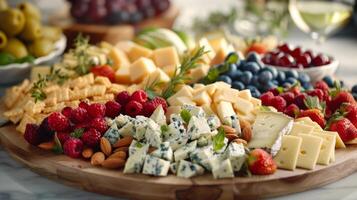 A crowdpleasing cheese platter featuring a delightful mix of flavors and textures including tangy feta creamy Gorgonzola and sharp Parmesan paired with a colorful array of fresh g photo